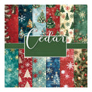 A collage of twelve Christmas-themed fabric or paper pattern swatches in red, green, blue, beige, and white, with a dark green central label reading 'Cedar' in white script.