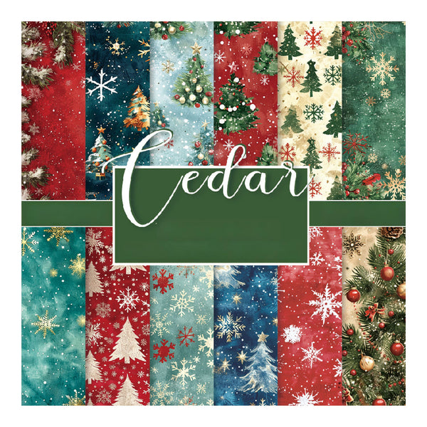 A collage of twelve Christmas-themed fabric or paper pattern swatches in red, green, blue, beige, and white, with a dark green central label reading 'Cedar' in white script.