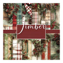 A square collage of Christmas-themed wood textures and holiday garlands with pinecones, red berries, plaid ribbons, and rustic panels. A large central maroon rectangle with white script reads “Timber.