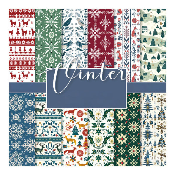 A collage of nine winter-themed seamless pattern swatches with a central blue label reading 'Winter' in white script. The patterns feature snowflakes, trees, deer, houses, and festive holiday motifs in red, green, blue, cream, and white.