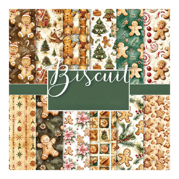 A collage of Christmas-themed biscuit and gingerbread pattern swatches with a central green label reading 'Biscuit'. The designs include gingerbread men, trees, candy canes, ornaments, and holiday motifs in beige, brown, green, pink, and red tones.