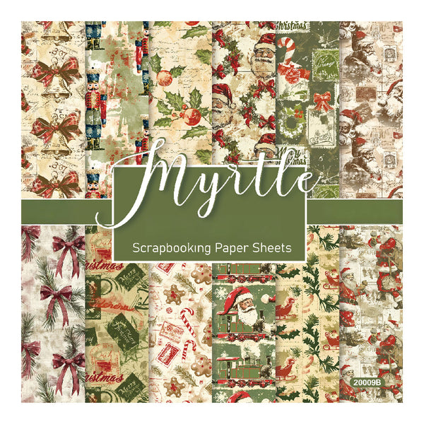 A 12-sheet scrapbooking paper collection labeled 'Myrtle Scrapbooking Paper Sheets' with a central green label. The papers feature various vintage Christmas patterns including Santa Claus, holly, bows, candy canes, soldiers, and holiday stamps in muted red, green, beige, and brown tones.