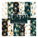 A set of 12 scrapbooking paper sheets featuring elegant winter and Christmas patterns in teal, gold, black, and white. The designs include snowflakes, pine trees, ornaments, and misty forest scenes.