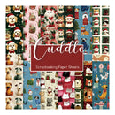 A collage of Christmas-themed dog patterned scrapbooking paper sheets with a central label reading 'Cuddle Scrapbooking Paper Sheets.' The designs show dogs in holiday outfits, Santa hats, stockings, gifts, and winter scenes on multiple color backgrounds.