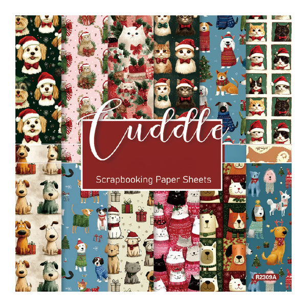 A collage of Christmas-themed dog patterned scrapbooking paper sheets with a central label reading 'Cuddle Scrapbooking Paper Sheets.' The designs show dogs in holiday outfits, Santa hats, stockings, gifts, and winter scenes on multiple color backgrounds.