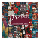 Meraki Christmas-themed scrapbooking paper sheets featuring a collage of festive patterns including Santa Claus, snowmen, reindeer, poinsettias, and brick textures, with a central maroon label overlay.