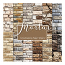 A sheet of scrapbooking paper featuring a collage of stone and brick textures in beige, brown, gray, and white tones, with a central label reading 'Mortar Scrapbooking Paper Sheets'.