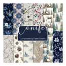 A 12-sheet scrapbooking paper collection titled 'Conifer' featuring various winter-themed patterns including snowflakes, birds, berries, pinecones, cabins, and snowy forests in navy, beige, and white tones.