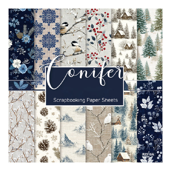 A 12-sheet scrapbooking paper collection titled 'Conifer' featuring various winter-themed patterns including snowflakes, birds, berries, pinecones, cabins, and snowy forests in navy, beige, and white tones.