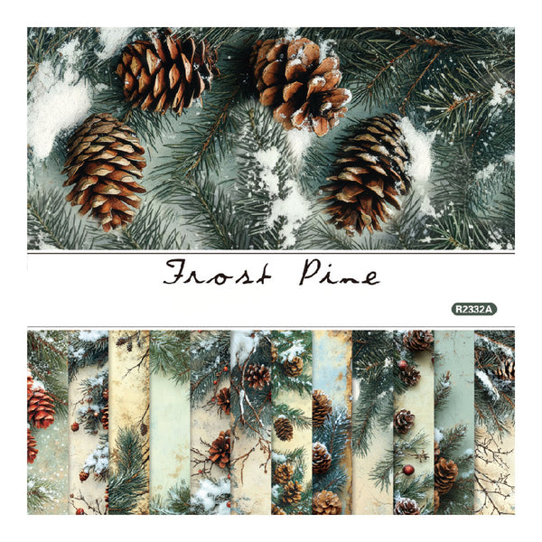 A collage of winter pine-themed photography strips and textures labeled 'Frost Pine' with code R2312A. The top panel shows snow-covered pinecones and evergreen branches.