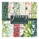 A pack of 12 scrapbooking paper sheets from the brand Foliage, featuring various botanical and floral patterns in shades of green, pink, red, and white. A dark green central label with white text reads 'Foliage Scrapbooking Paper Sheets'.