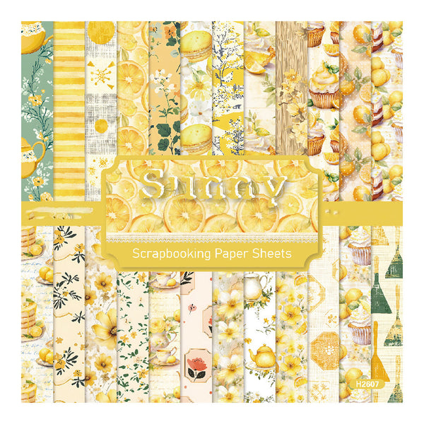 A sheet of scrapbooking paper featuring a variety of yellow and beige patterns, including lemon slices, macarons, cupcakes, flowers, stripes, and wood textures. A central label reads 'Sunny Scrapbooking Paper Sheets'.