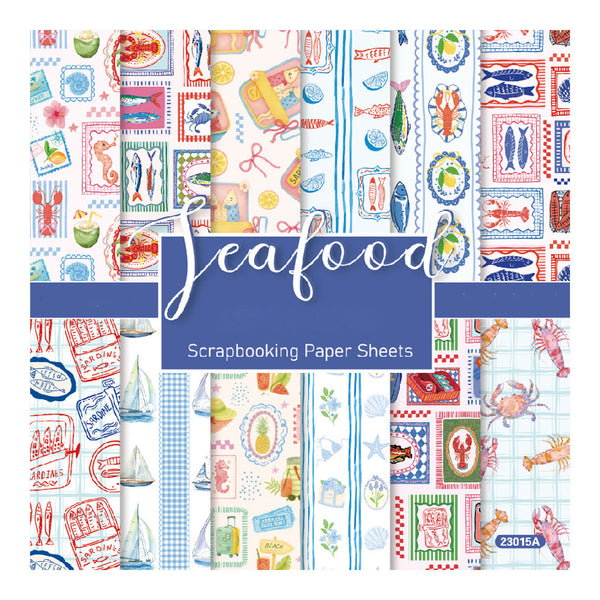 A sheet of scrapbooking paper featuring a collage of various nautical and seafood-themed patterns, including crabs, lobsters, fish, ships, and postage stamps in red, blue, and white. A dark blue banner in the center reads 'seafood Scrapbooking Paper Sheets'.