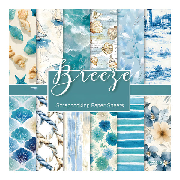 A 12-sheet scrapbooking paper pack titled 'Breeze' featuring various blue and beige nautical-themed patterns including seashells, sailboats, seashells, leaves, stripes, and flowers.