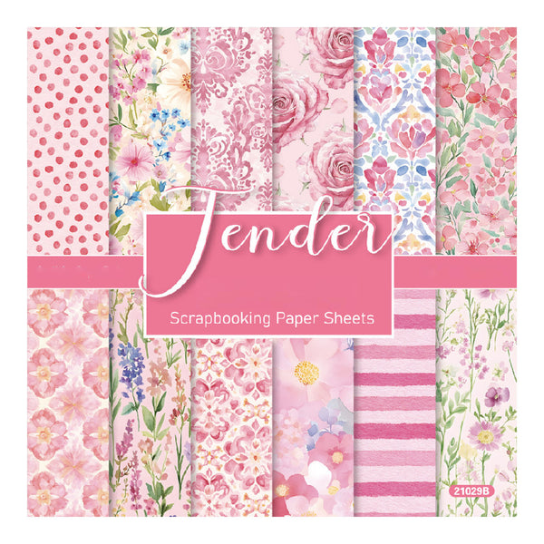 A pack of 12 scrapbooking paper sheets featuring various pink floral and patterned designs, labeled with a pink banner that reads 'Jender Scrapbooking Paper Sheets'.