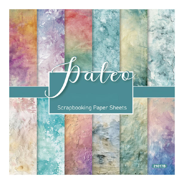 A sheet of scrapbooking paper featuring a pastel watercolor design with vertical stripes in purple, teal, pink, beige, and blue. A teal banner across the center reads 'Paleo Scrapbooking Paper Sheets' with '21017B' in the bottom right corner.
