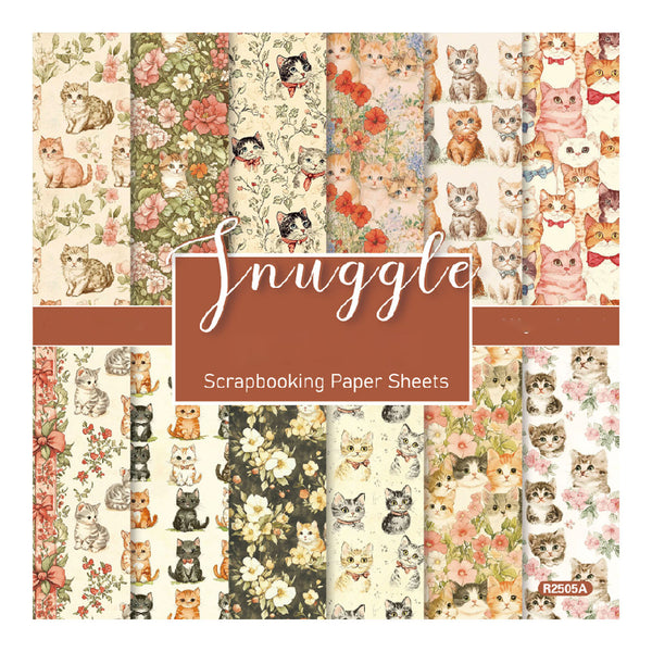 A sheet of Snuggle Scrapbooking Paper Sheets featuring multiple vertical patterns of cats, flowers, and floral motifs in soft pastel colors, with a central brown label reading 'Snuggle' and 'Scrapbooking Paper Sheets'.