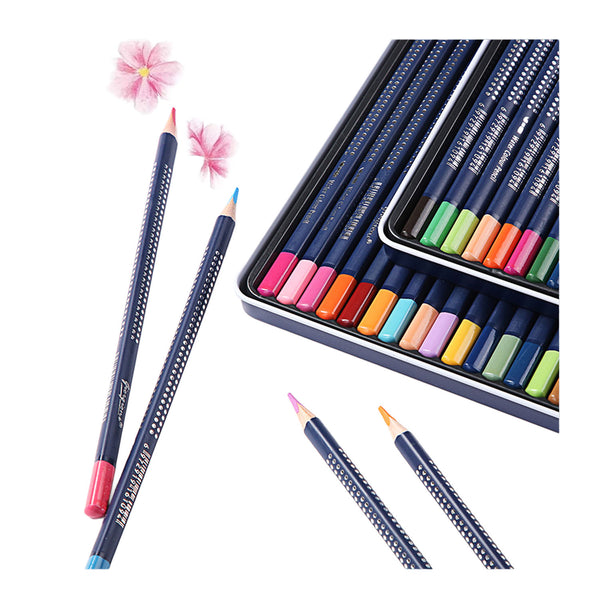 Set of colored pencils with a metal tin on a white background