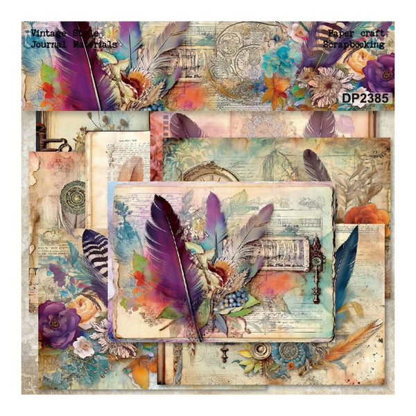 Vintage-style journal materials with feathers and floral elements on a collage background.