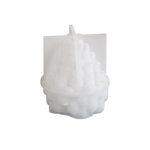 A translucent white silicone mold with a detailed grapevine design, featuring a rectangular backing plate and a textured, rounded grape cluster shape with a small stem, shown on a plain white background.