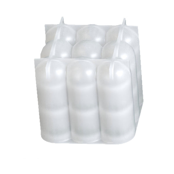 A white plastic six-pack tray or organizer with six rounded cylindrical compartments, shown on a plain white background.