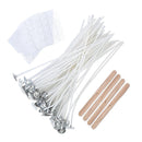 A set of white wax candles with silver metal wick holders, four natural wood wicks, and a sheet of white circular labels, arranged on a solid white background.