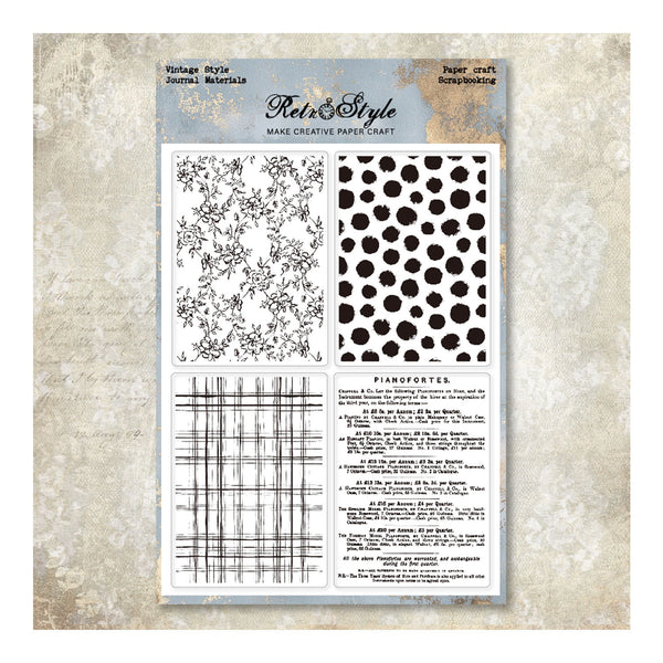 Sheet of paper with black and white patterns and text on a textured beige background