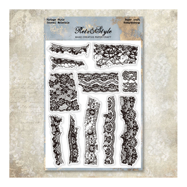 Sheet of lace patterns on a textured surface with 'Petit Style' branding.