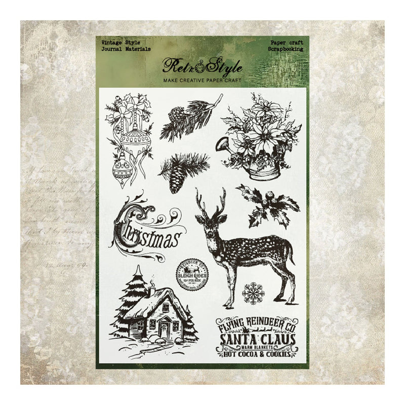 Set of Christmas-themed stamps on a textured paper background