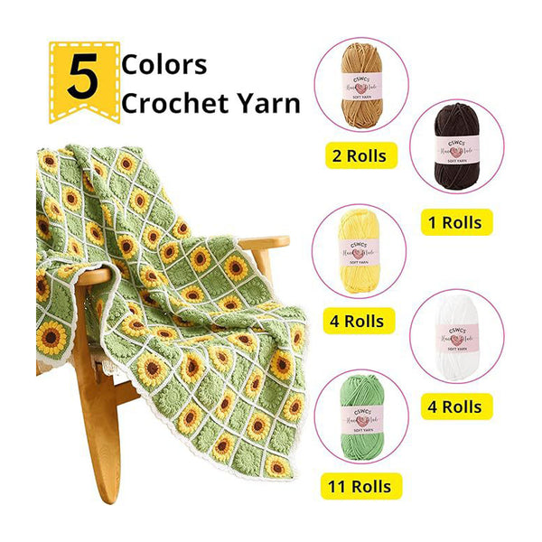 A crocheted blanket with a green and white diamond grid pattern and yellow sunflower motifs is draped over a wooden chair. The image includes text reading '5 Colors Crochet Yarn' and shows five skeins of yarn with labels, indicating available colors and roll quantities.