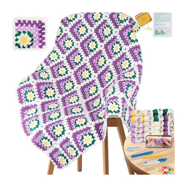 A crocheted blanket with a repeating granny square pattern in purple, white, and green is draped over a wooden stool. The image includes a small inset showing the finished square motif, a materials stack with yarn, tools, and a phone photo, and a white background.