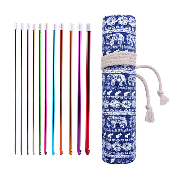Set of colorful crochet hooks with a blue patterned bag featuring elephants on a white background