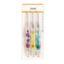 Four crochet hooks in a clear plastic case with floral handles, attached to a white cardboard hanger labeled 'Crochet Hook' with size markings, on a white background.