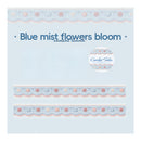 A square product card for a crochet tape design named 'Blue mist flowers bloom' by crochet tales. The card has a light blue textured background, featuring two horizontal strips of the crochet tape pattern at the bottom and a circular logo badge on the right.