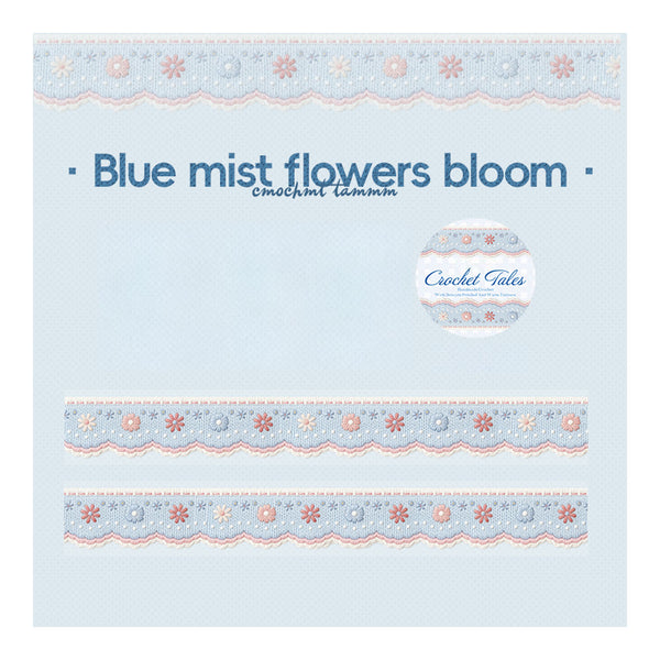 A square product card for a crochet tape design named 'Blue mist flowers bloom' by crochet tales. The card has a light blue textured background, featuring two horizontal strips of the crochet tape pattern at the bottom and a circular logo badge on the right.
