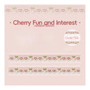 A square product display card for crochet lace trim featuring the text 'Cherry Fun and Interest' and 'crochet lace'. The card shows a pale pink background with three horizontal strips of decorative lace trim at the top and bottom.