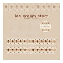 A square crochet tales brand design sheet titled 'Ice cream story' on a warm beige textured background, featuring decorative cream and brown lace-like bands with small heart and cookie motifs.