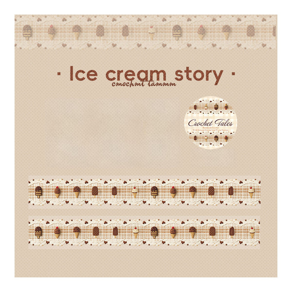 A square crochet tales brand design sheet titled 'Ice cream story' on a warm beige textured background, featuring decorative cream and brown lace-like bands with small heart and cookie motifs.