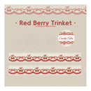 A product display card for 'Red Berry Trinket' crochet trims by 'Crochet Tales'. The beige card features illustrations of three horizontal rows of the red and cream crochet trim, along with the product name and brand logo.