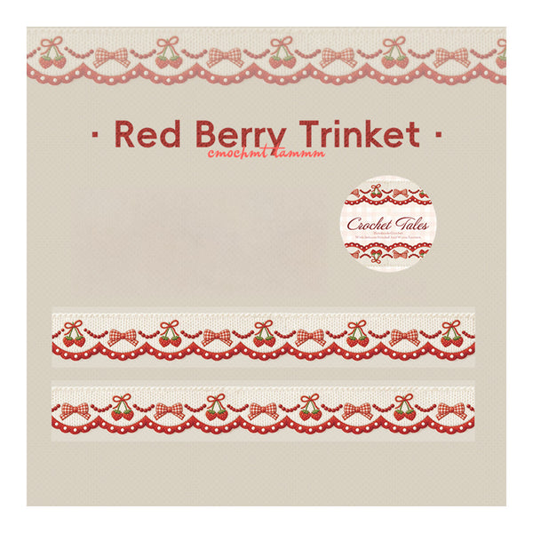 A product display card for 'Red Berry Trinket' crochet trims by 'Crochet Tales'. The beige card features illustrations of three horizontal rows of the red and cream crochet trim, along with the product name and brand logo.