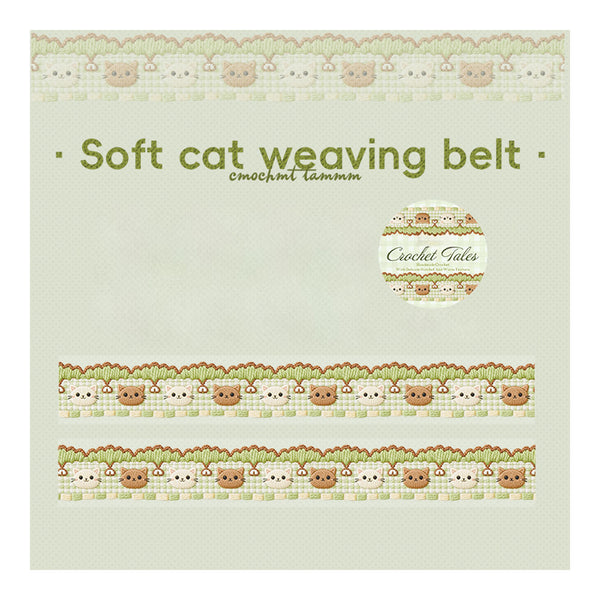 A square product display card for a crochet weaving belt featuring a cute cat pattern. The card has a light sage green background with text reading 'Soft cat weaving belt' and 'crochet belts', showing three horizontal strips of the woven belt with a pattern of small white cats with brown ears and faces on a cream plaid background with green tops.