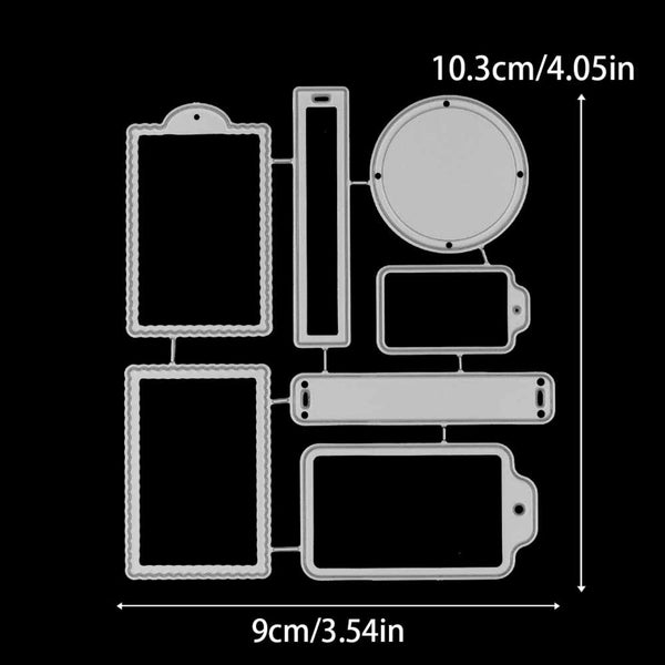 Set of metal cutting dies with dimensions indicated on a black background