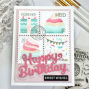 Stamps with birthday-themed designs and 'Happy Birthday' text on a white background