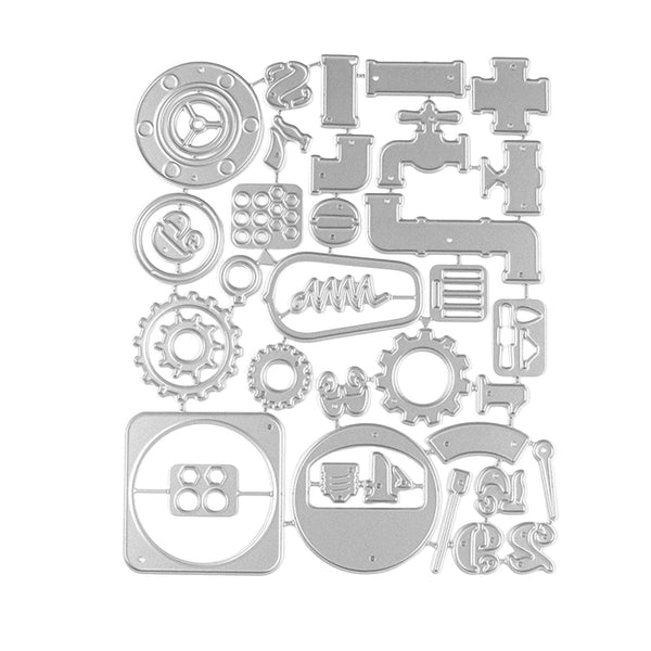 Collection of metal die-cut shapes on a white background