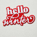 Red and white 'hello winter' text on a textured white background