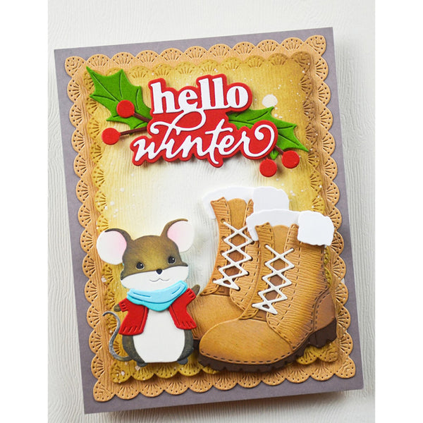 Greeting card with a mouse, boot, and 'hello winter' text on a decorative border.
