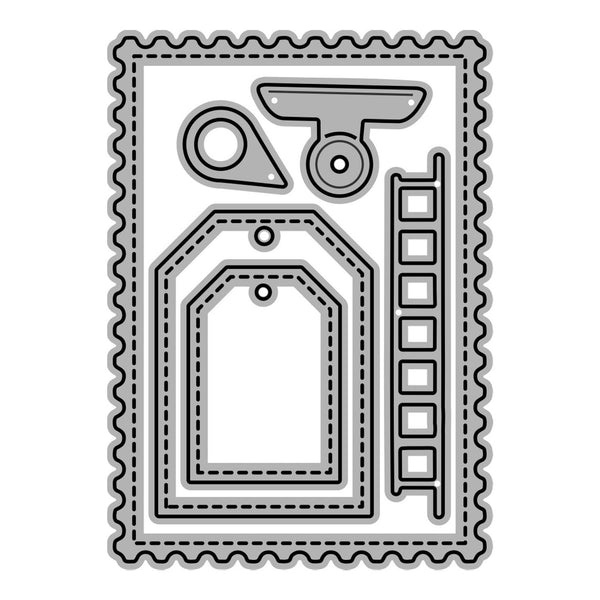 Metal die cut shapes including a tag, label, and border on a white background