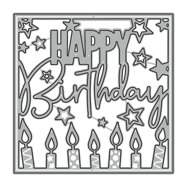 Metal die cut with 'Happy Birthday' text and candles on a white background