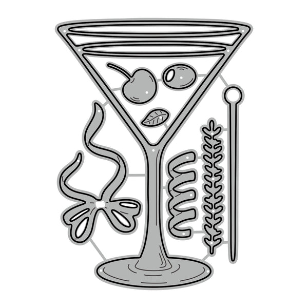 Black and white illustration of a martini glass with olives and a cocktail stick.