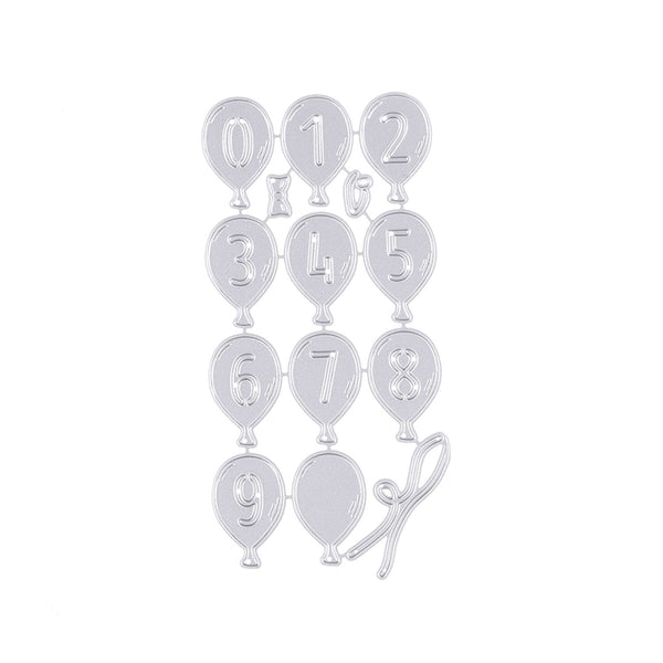 Silver number balloons from 0 to 9 on a white background